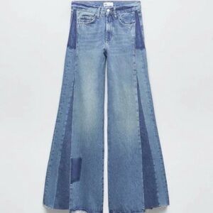 Zara Patchwork Mid-Rise TRF Wide Leg Jeans Flare Barrel Bellbottoms